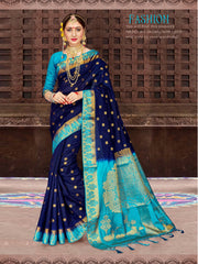 Chic Navy Blue Banarasi Art Silk Woven Saree
