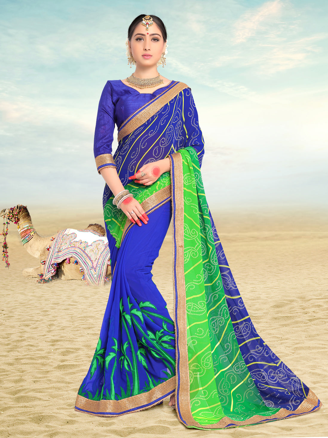 Chic Blue Faux Georgette Embroidered Saree