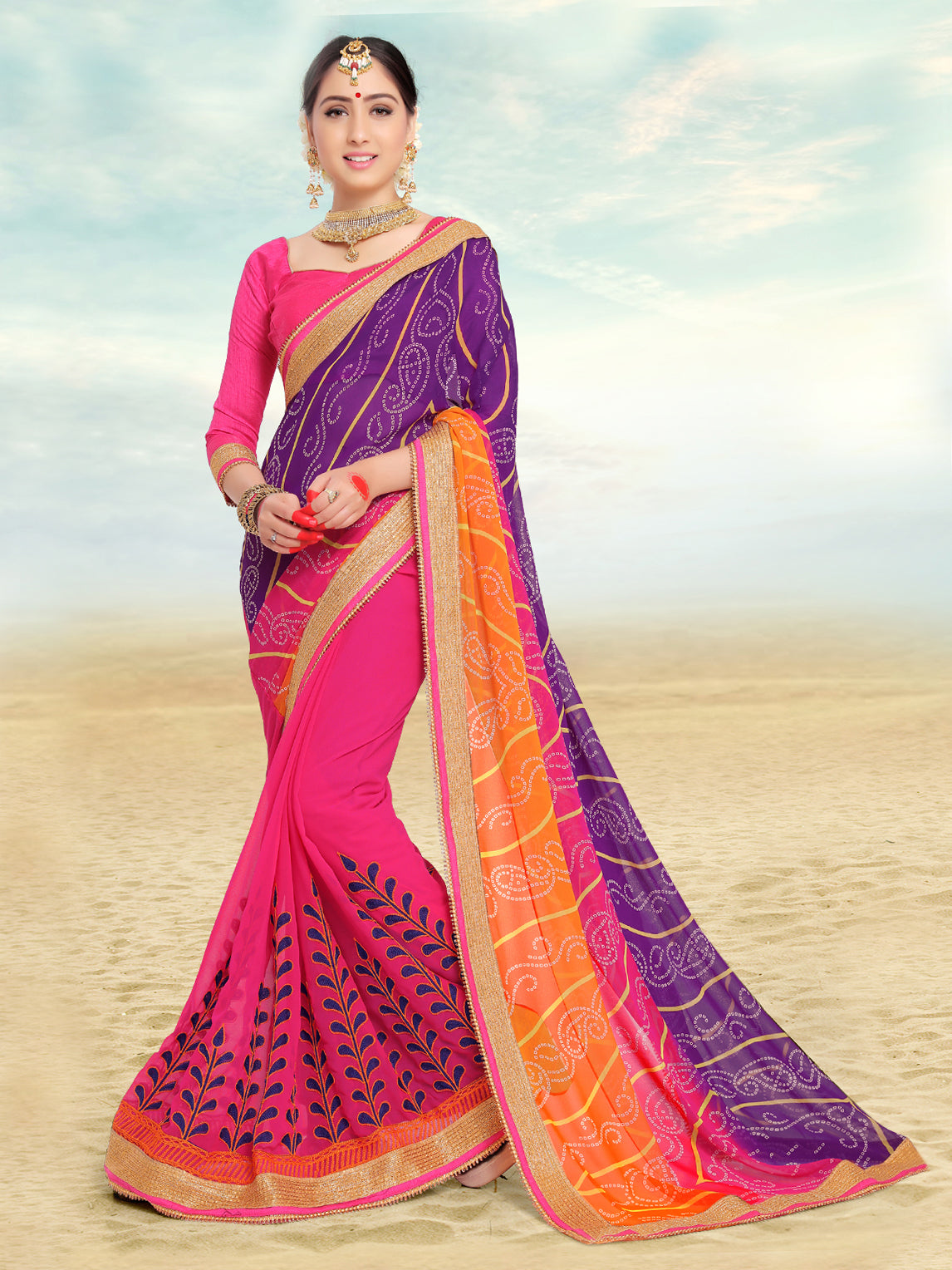Stunning Violet & Pink Faux Georgette Embroidered Saree with Woven Design