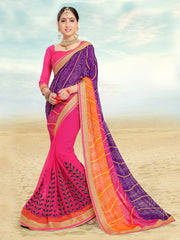Stunning Violet & Pink Faux Georgette Embroidered Saree with Woven Design
