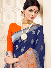 Elegant Navy Blue Banarasi Art Silk Woven Saree