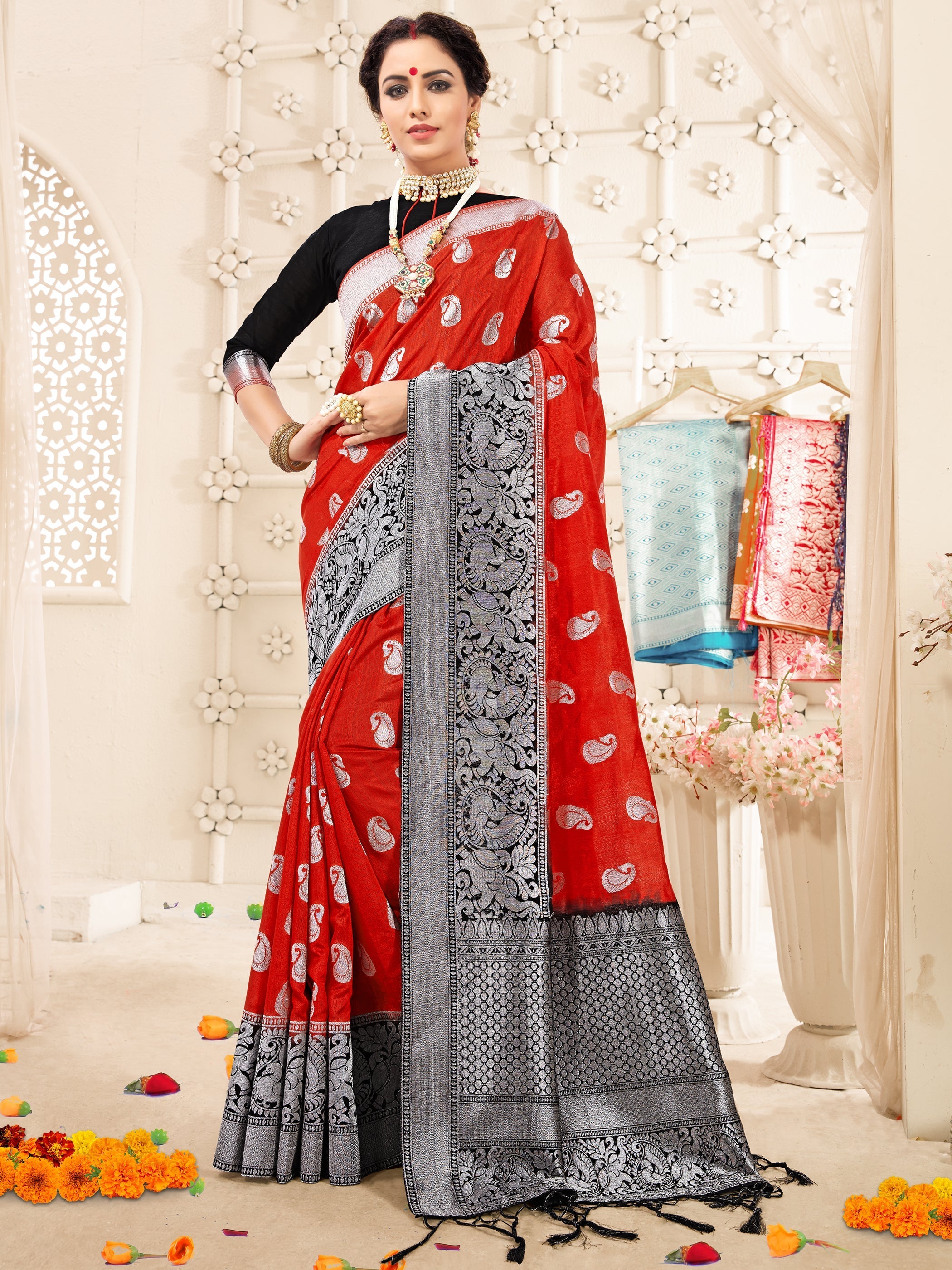 Beautiful Red Banarasi Art Silk Woven Saree