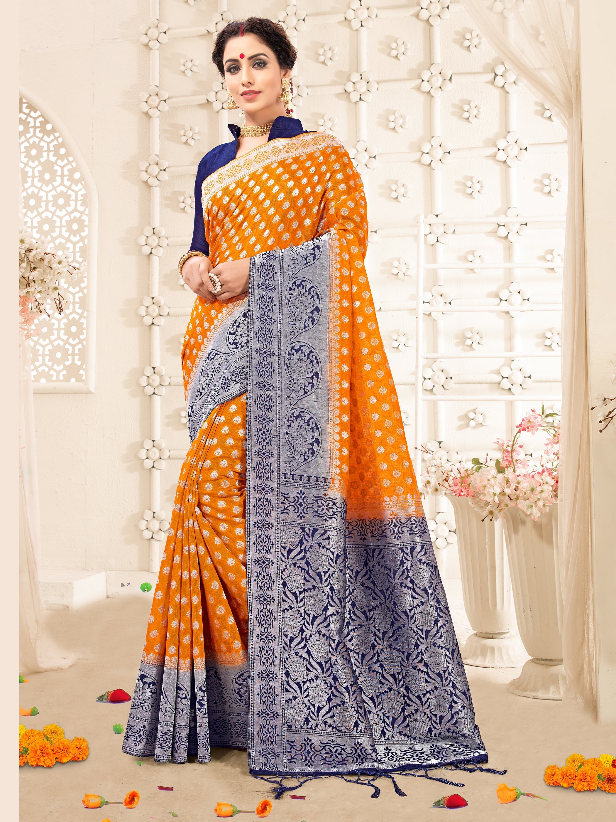 Stunning Orange Banarasi Art Silk Woven Saree