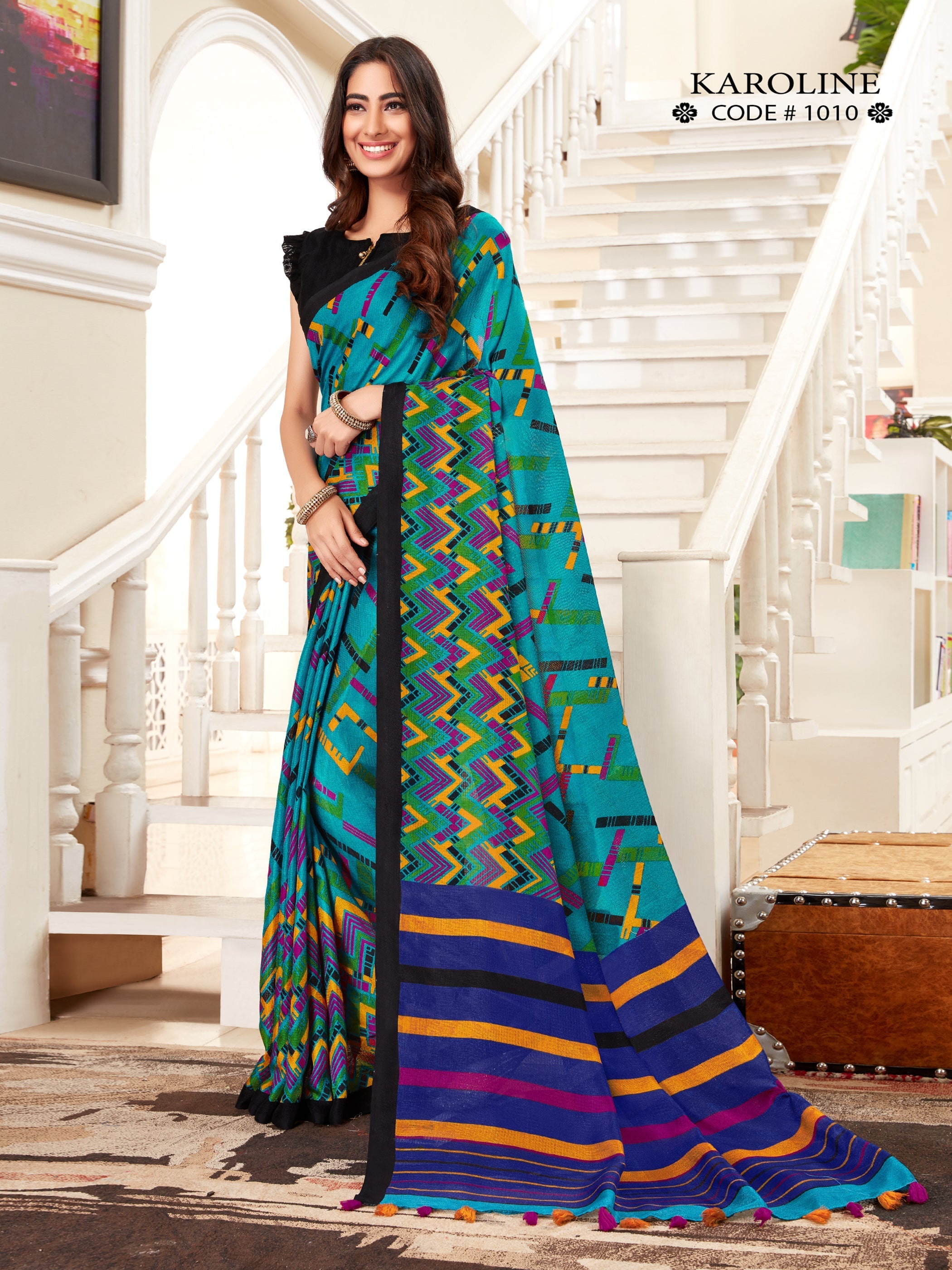 Beautiful Teal Linen Printed Saree with Woven Design
