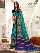 Beautiful Teal Linen Printed Saree with Woven Design