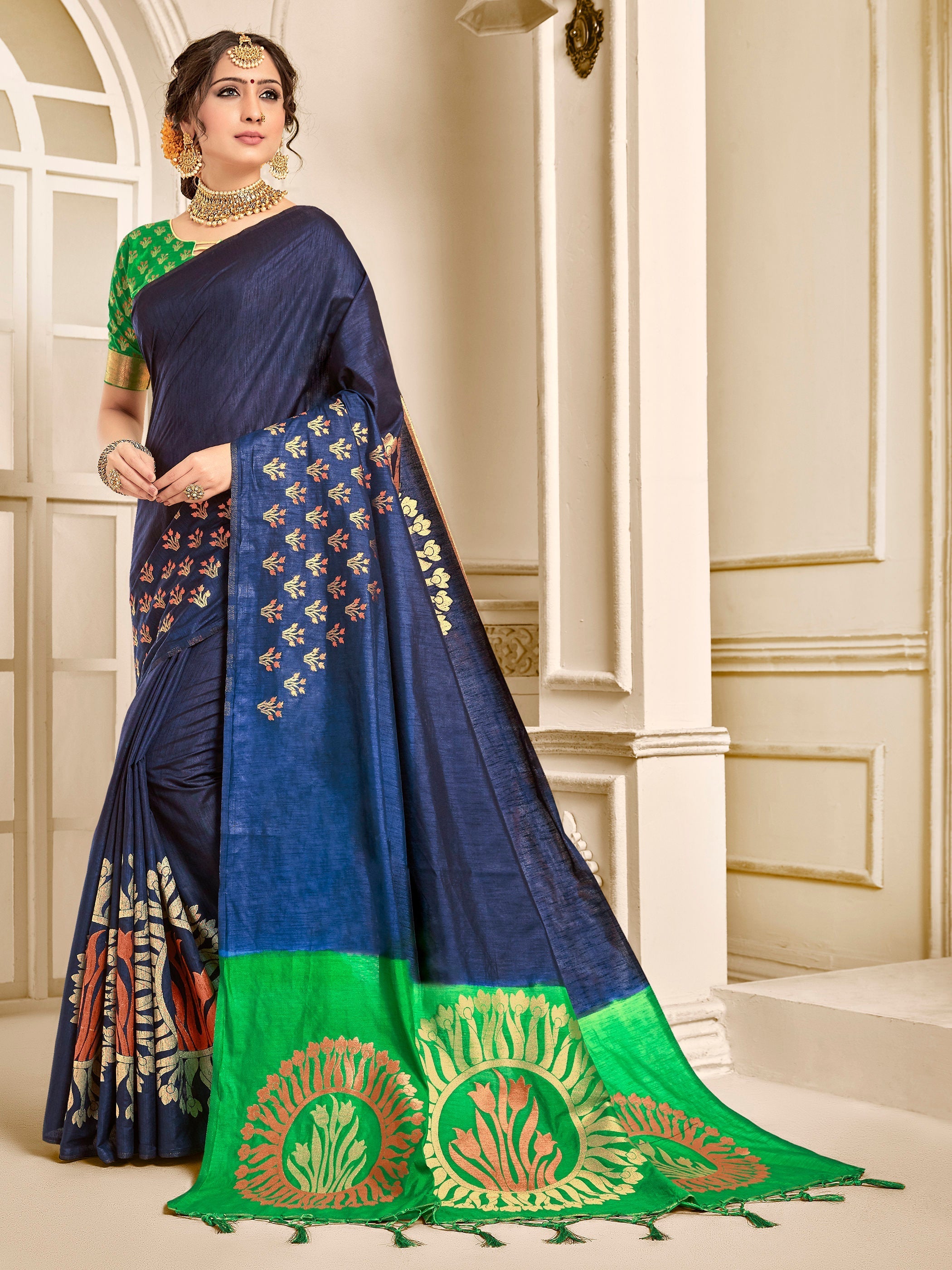 Chic Navy Blue Banarasi Art Silk Woven Saree
