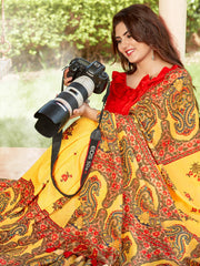 Elegant Yellow Cotton Art Silk Printed Saree