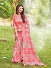 Beautiful Peach Cotton Art Silk Printed Saree