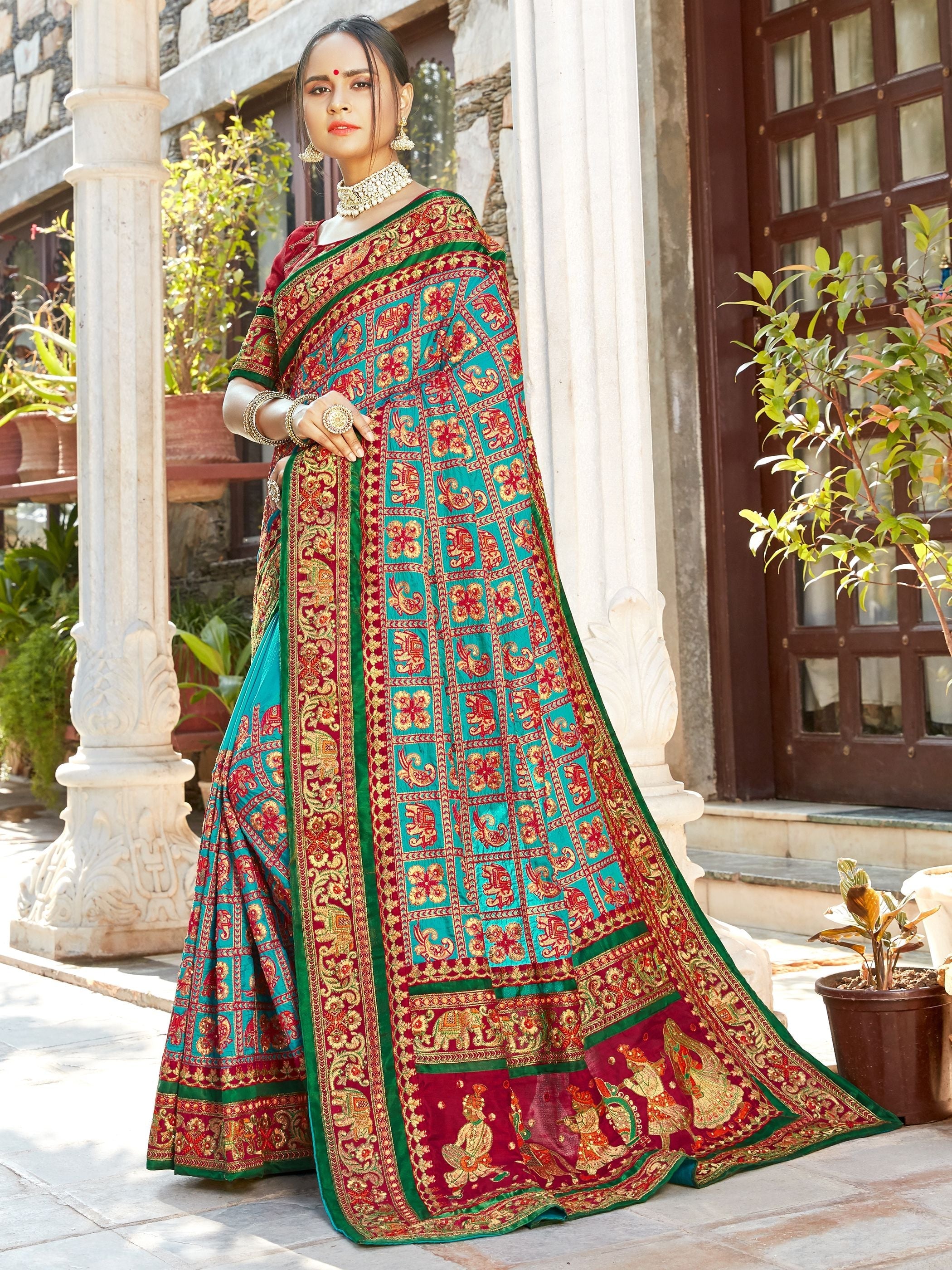 Elegant Turquoise Satin Silk Embroidered Saree