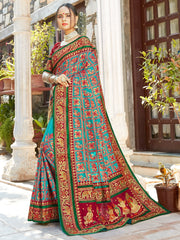Elegant Turquoise Satin Silk Embroidered Saree