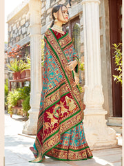 Elegant Turquoise Satin Silk Embroidered Saree
