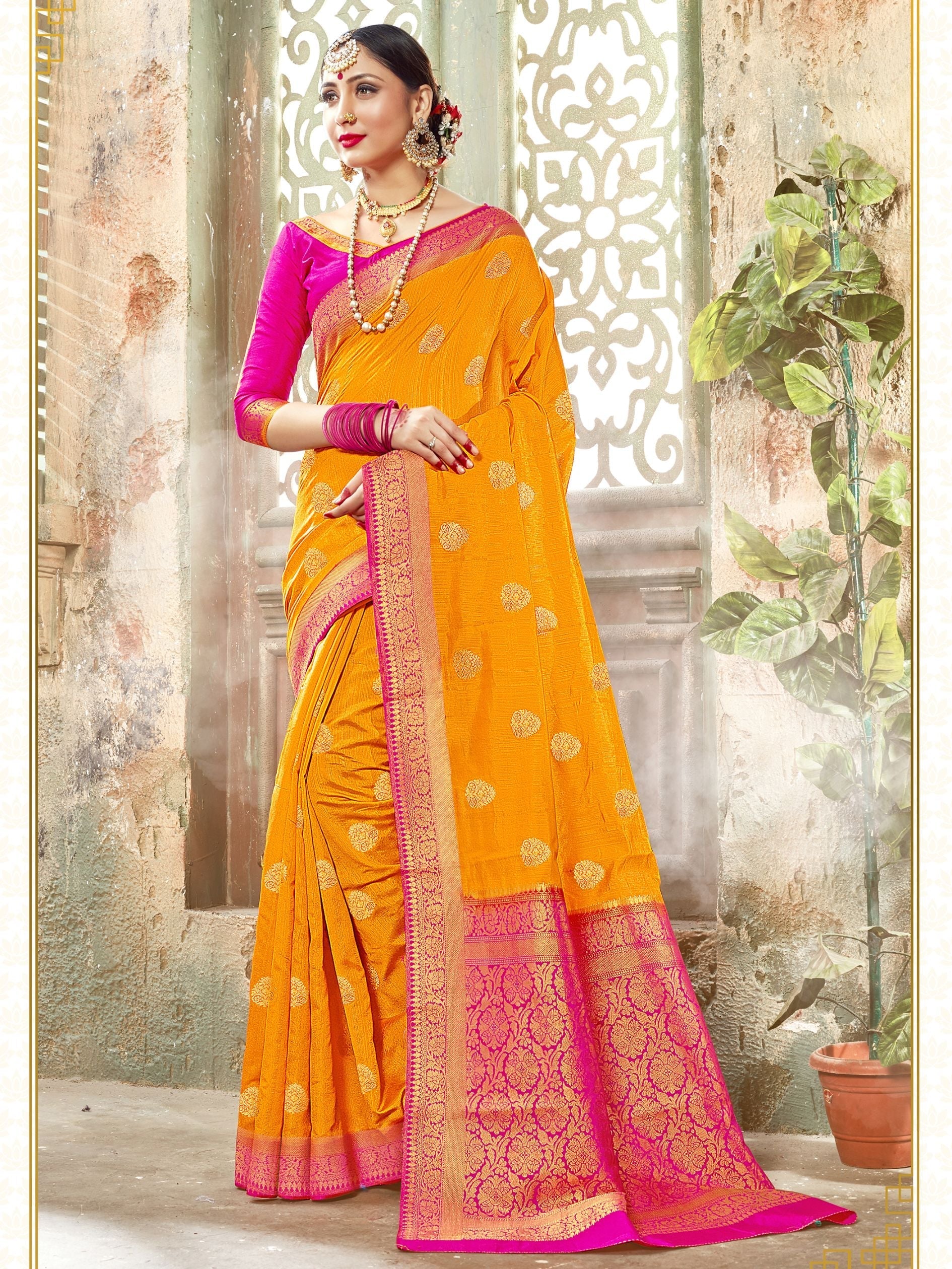 Stunning Mustard Banarasi Art Silk Woven Saree
