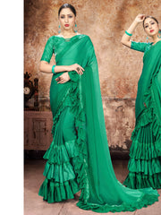 Beautiful Green Georgette Ruffle- Frill Saree with Woven Design