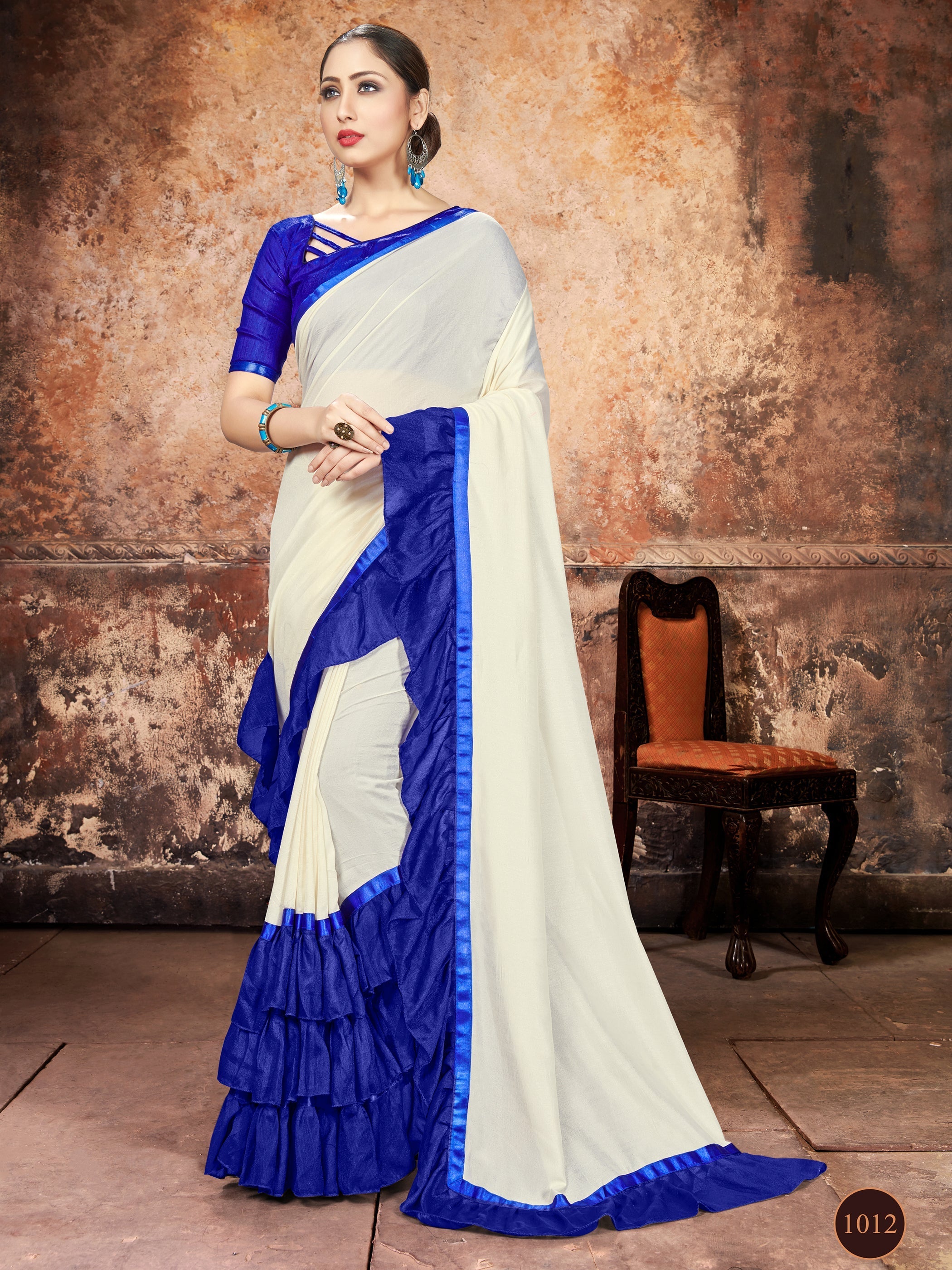 Chic Off White Georgette Ruffle- Frill Saree