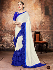 Chic Off White Georgette Ruffle- Frill Saree