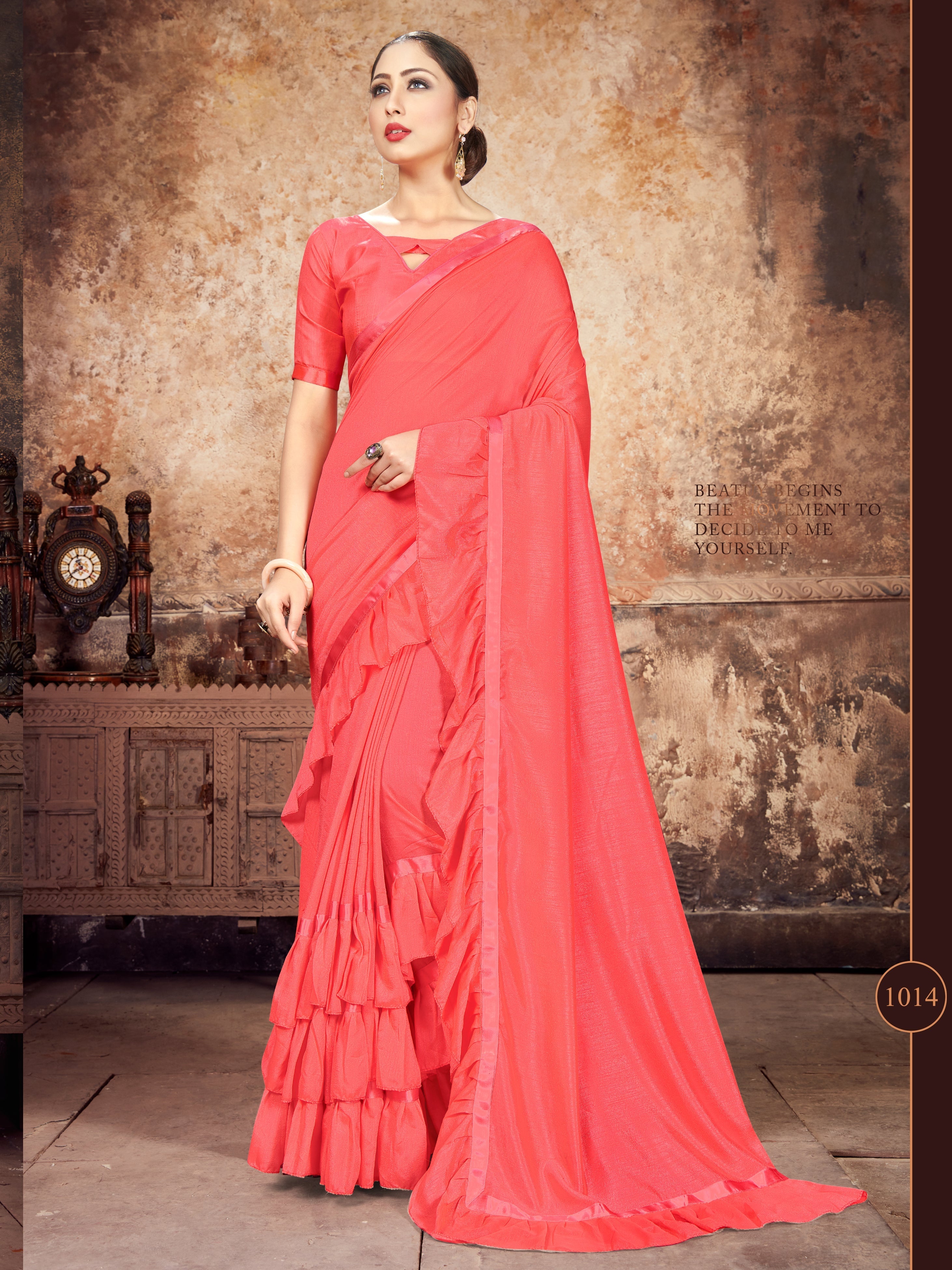 Elegant Peach Georgette Ruffle- Frill Saree