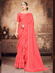 Elegant Peach Georgette Ruffle- Frill Saree