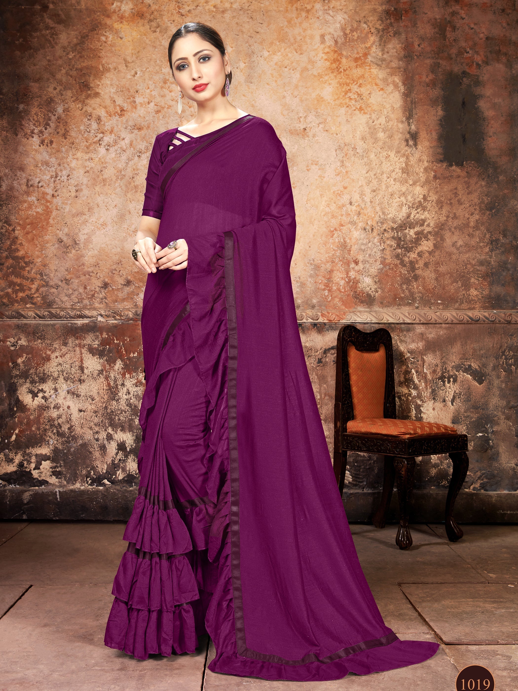 Beautiful Wine Georgette Ruffle- Frill Saree