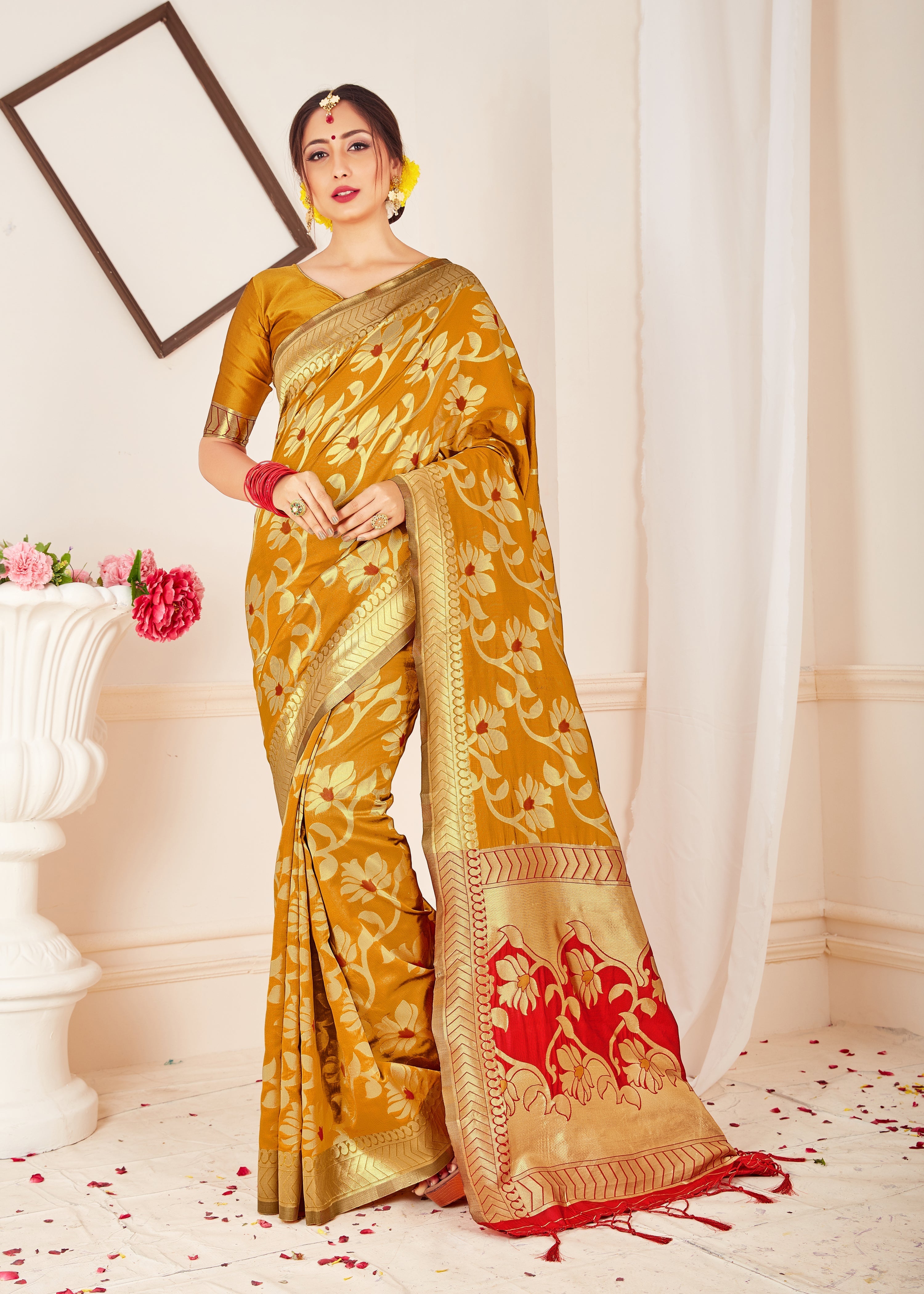 Chic Mustard Banarasi Art Silk Woven Saree