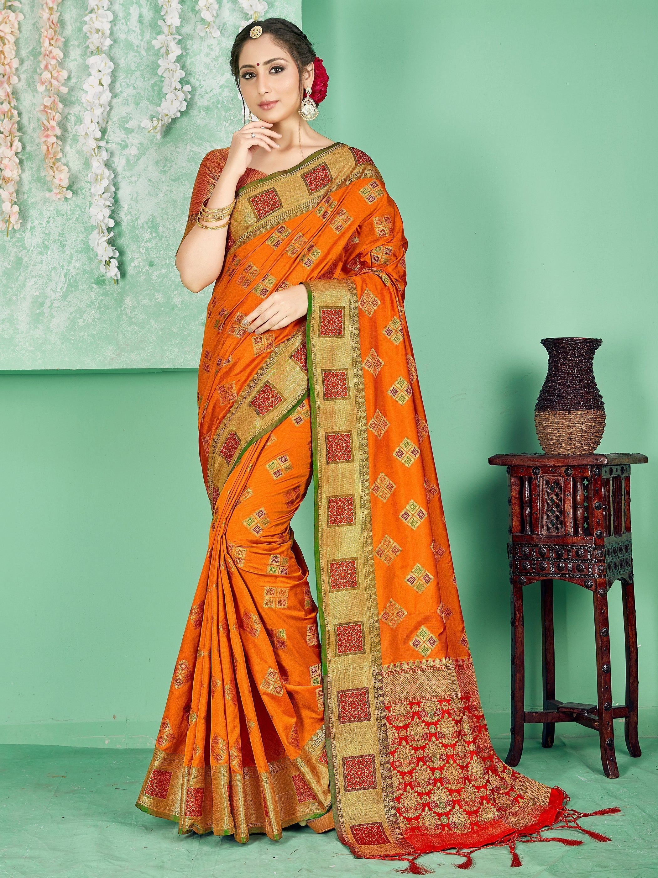 Elegant Orange Banarasi Art Silk Woven Saree
