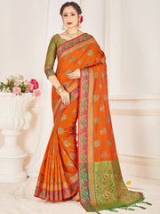 Elegant Orange Banarasi Art Silk Woven Saree