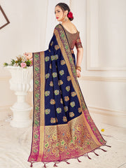 Stunning Navy Blue Banarasi Art Silk Woven Saree