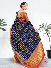 Elegant Navy Blue Banarasi Art Silk Woven Saree