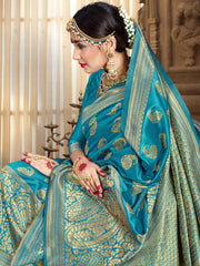 Stunning Turquoise Banarasi Art Silk Woven Saree