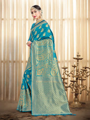 Stunning Turquoise Banarasi Art Silk Woven Saree