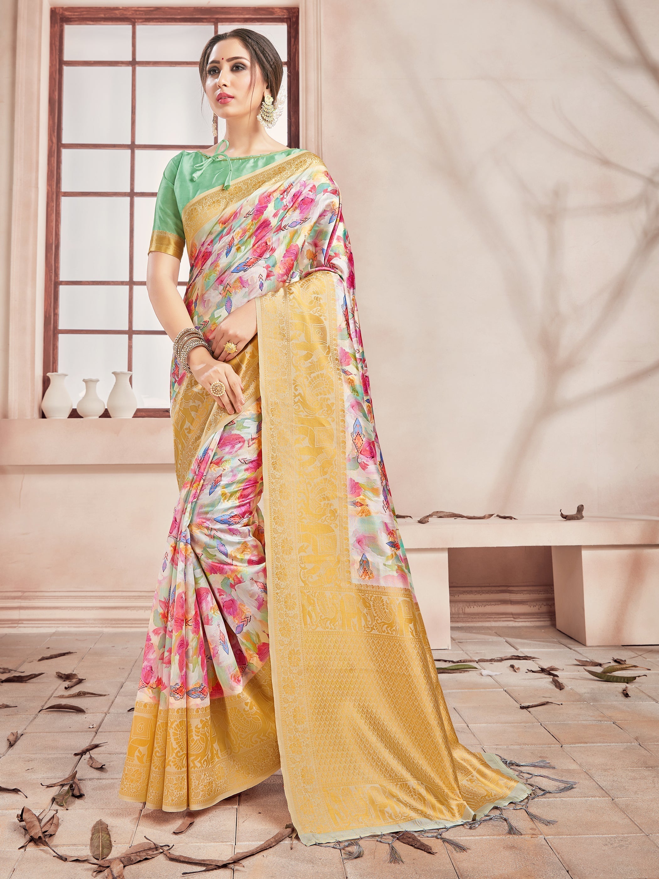 Stunning Multi Banarasi Art Silk Digital Print with woven border Saree