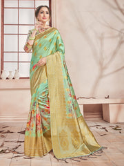 Beautiful Green Banarasi Art Silk Digital Print with woven border Saree