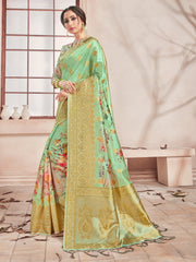 Beautiful Green Banarasi Art Silk Digital Print with woven border Saree