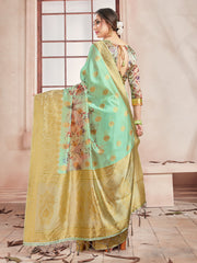 Beautiful Green Banarasi Art Silk Digital Print with woven border Saree