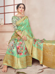 Beautiful Green Banarasi Art Silk Digital Print with woven border Saree