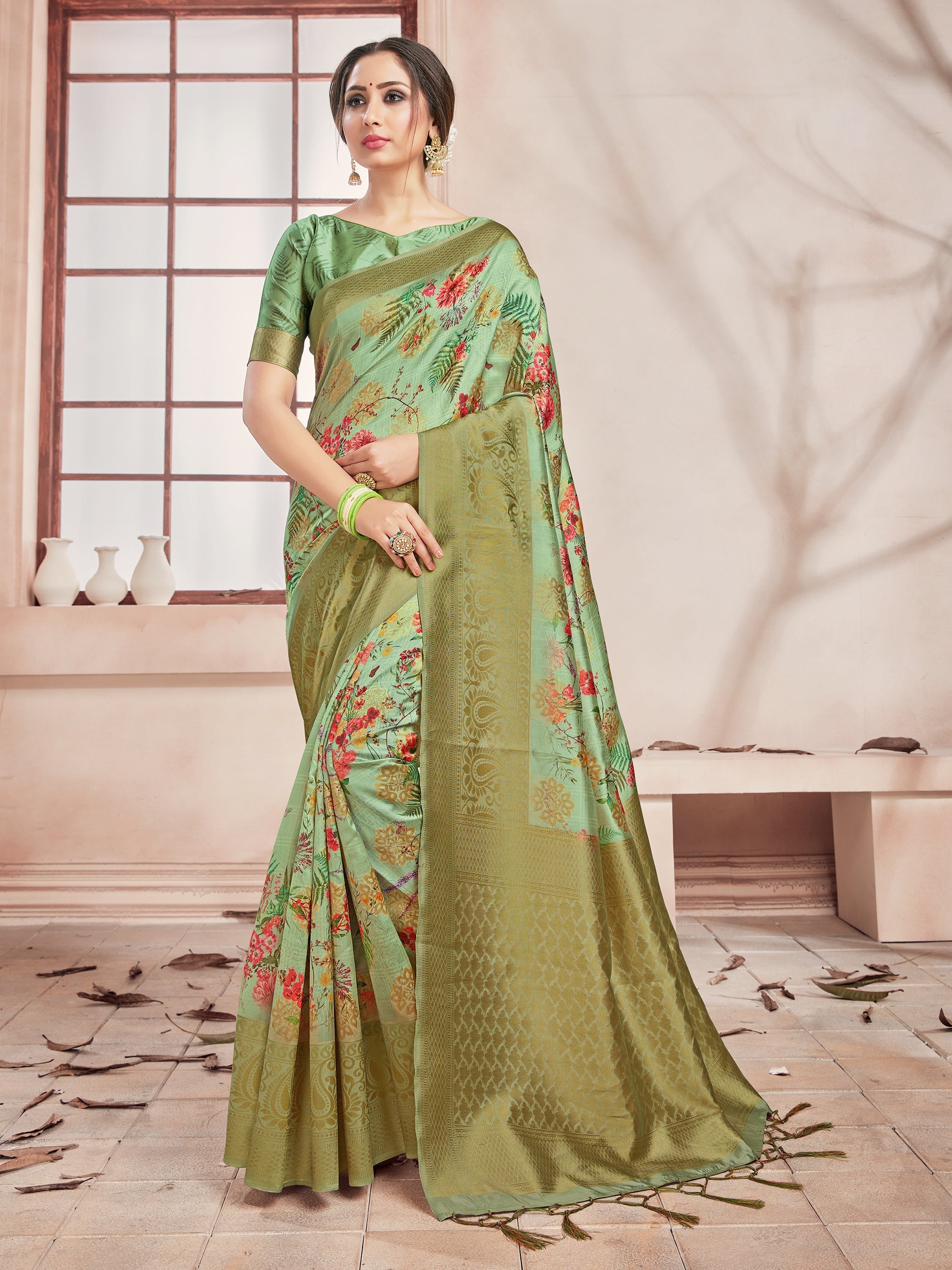 Elegant Olive Green Banarasi Art Silk Digital Print with woven border Saree