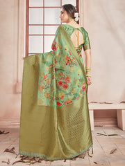 Elegant Olive Green Banarasi Art Silk Digital Print with woven border Saree