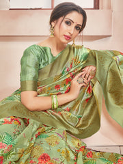Elegant Olive Green Banarasi Art Silk Digital Print with woven border Saree