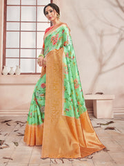 Stunning Green Banarasi Art Silk Digital Print with woven border Saree