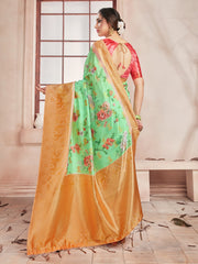 Stunning Green Banarasi Art Silk Digital Print with woven border Saree