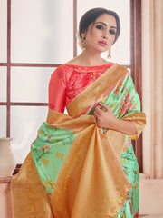 Stunning Green Banarasi Art Silk Digital Print with woven border Saree