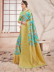 Chic Turquoise Banarasi Art Silk Digital Print with woven border Saree