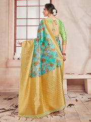 Chic Turquoise Banarasi Art Silk Digital Print with woven border Saree