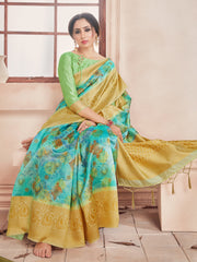 Chic Turquoise Banarasi Art Silk Digital Print with woven border Saree