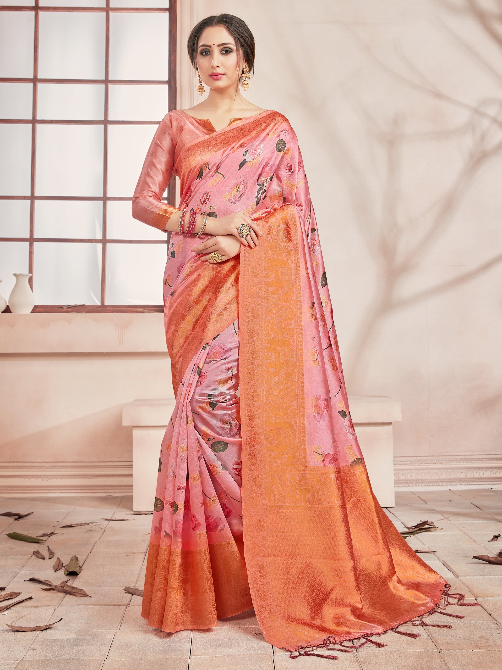 Beautiful Peach Banarasi Art Silk Digital Print with woven border Saree