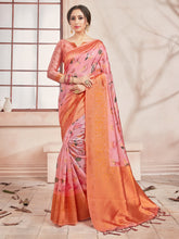 Beautiful Peach Banarasi Art Silk Digital Print with woven border Saree
