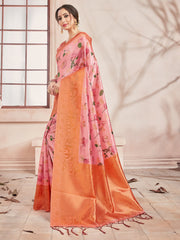 Beautiful Peach Banarasi Art Silk Digital Print with woven border Saree