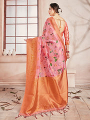 Beautiful Peach Banarasi Art Silk Digital Print with woven border Saree