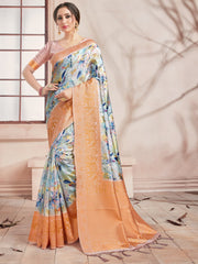 Elegant Off White Banarasi Art Silk Digital Print with woven border Saree