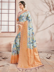 Elegant Off White Banarasi Art Silk Digital Print with woven border Saree