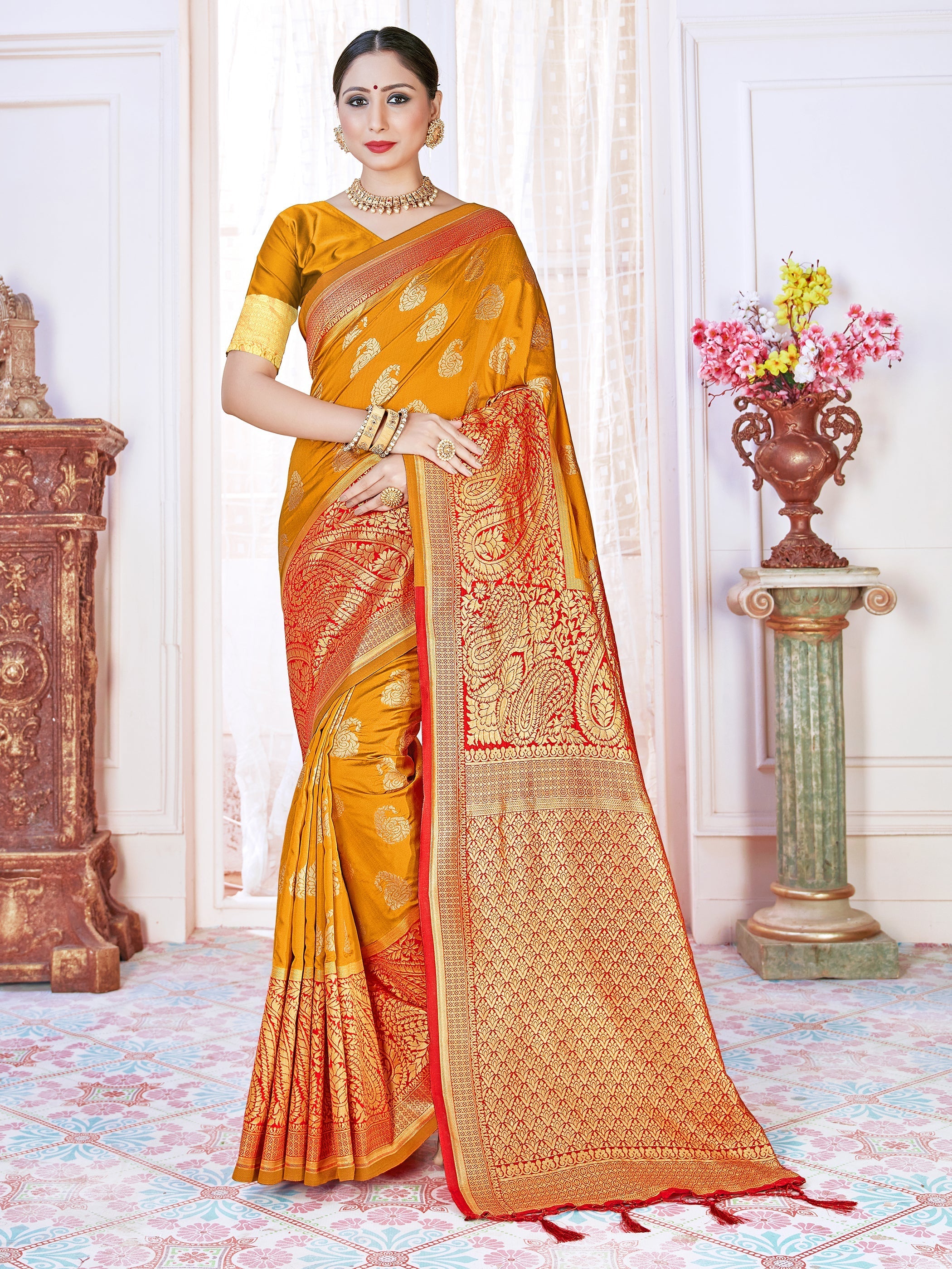 Beautiful Orange Banarasi Art Silk Woven Saree
